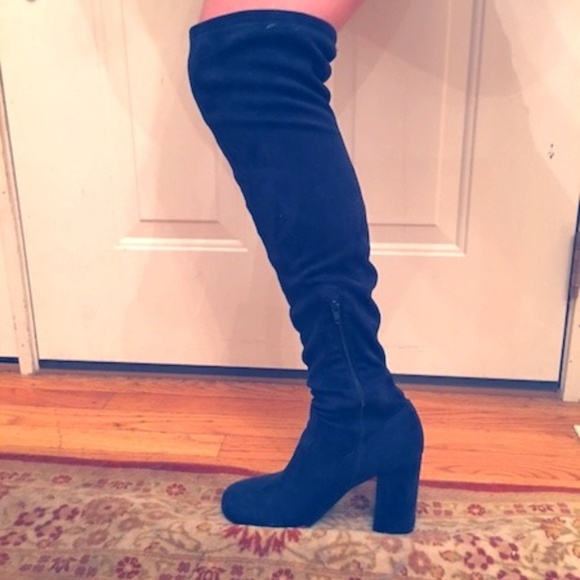 navy blue block heel boots